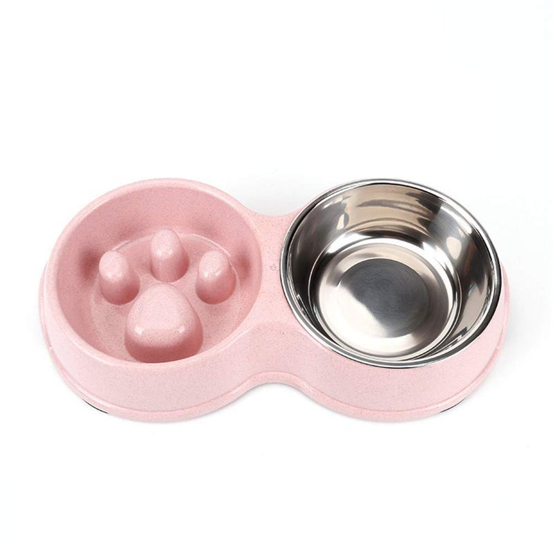 Tineer Double Pet Dog Slow Feeder Bowl,Stainless Steel Anti-Choke Puppy Food and Water Feeder for Dog Cats (Pink) - Image 1
